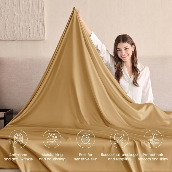 THXSILK Metallic Gold Twin FLAT Sheet 100% Mulberry Silk , NWT - Picture 2 of 9